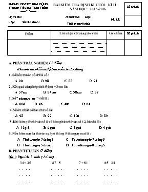 Đề kiểm tra định kì cuối học kì II Toán lớp 1 - Năm học 2014-2015 - Trường Tiểu học Hoàng Đồng